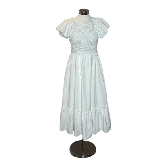 ZARA WHITE COTTON FLUTTER SLEEVE CROCHET BODICE CROSS BACK SUMMER MIDI DRESS - Picture 2 of 13